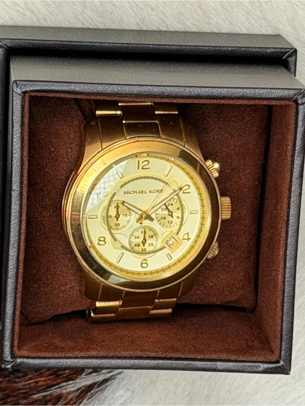 Michael Kors MK8077 Runway Men's Chrono. Gold Watch | Box & Links - Complete Set